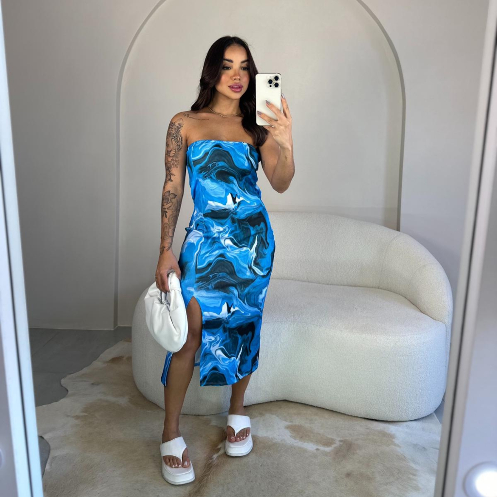 Vestido Feminino Estampado Tie Dye Com Fenda Midi Ribana em Oferta na Shopee