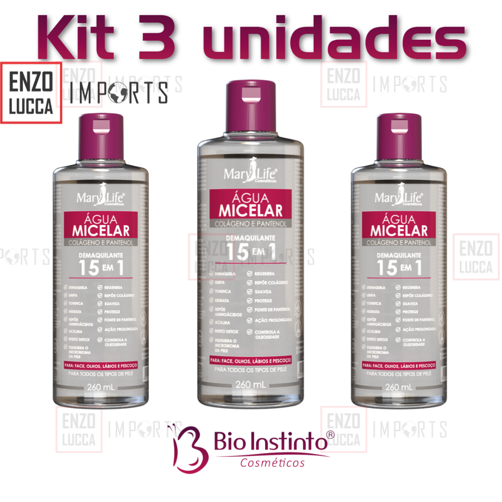 Kit 3 Unidades Água Micelar Colágeno e Pantenol 15 em 1 260mL Mary Life