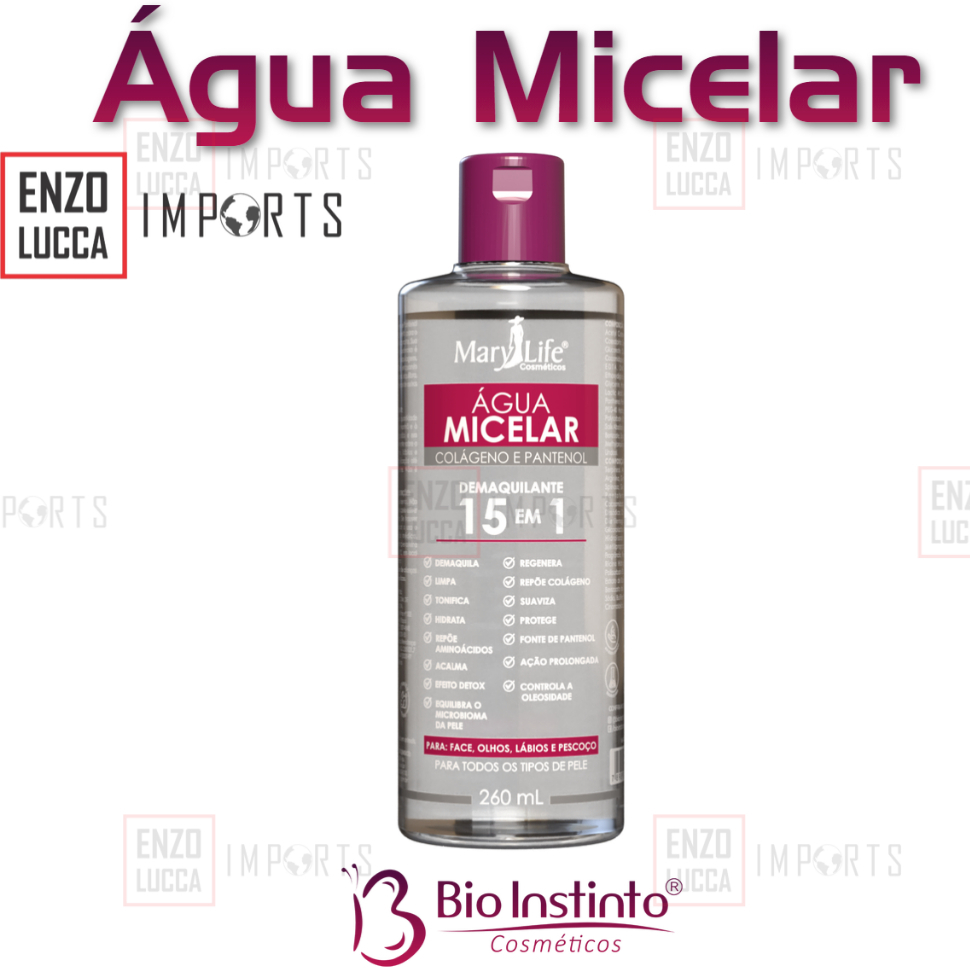 AGUA MICELAR- COLAGENO E PANTENOL- MARY LIFE- DEMAQUILANTE 15 EM 1- 260ML em Oferta na Shopee