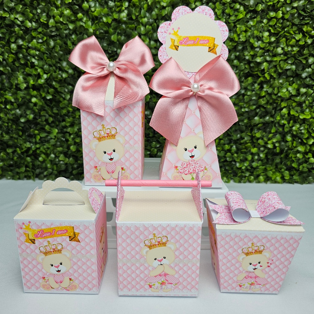 Kit Caixa Montada URSINHA COROA REALEZA ROSA - Personalizados - Festa infantil - Aniversário - Lembrancinha