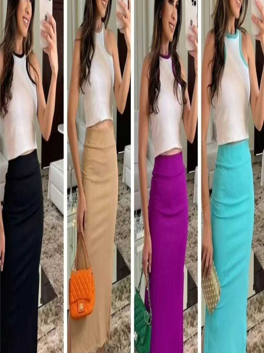 Conjunto Bela Saia Ribana Super tendência + Blusa Cropped Ribana varias cores