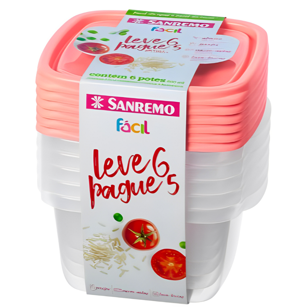 Conjunto 6 Potes Quadrados Tampa Hermética 800ml Sanremo BPA Free Lava Louças, Freezer, Microondas