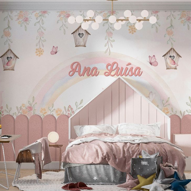 Papel de parede adesivo jardim de pássaros borboletas arco-íris nome personalizado -(Leia a descrição) Algidecor