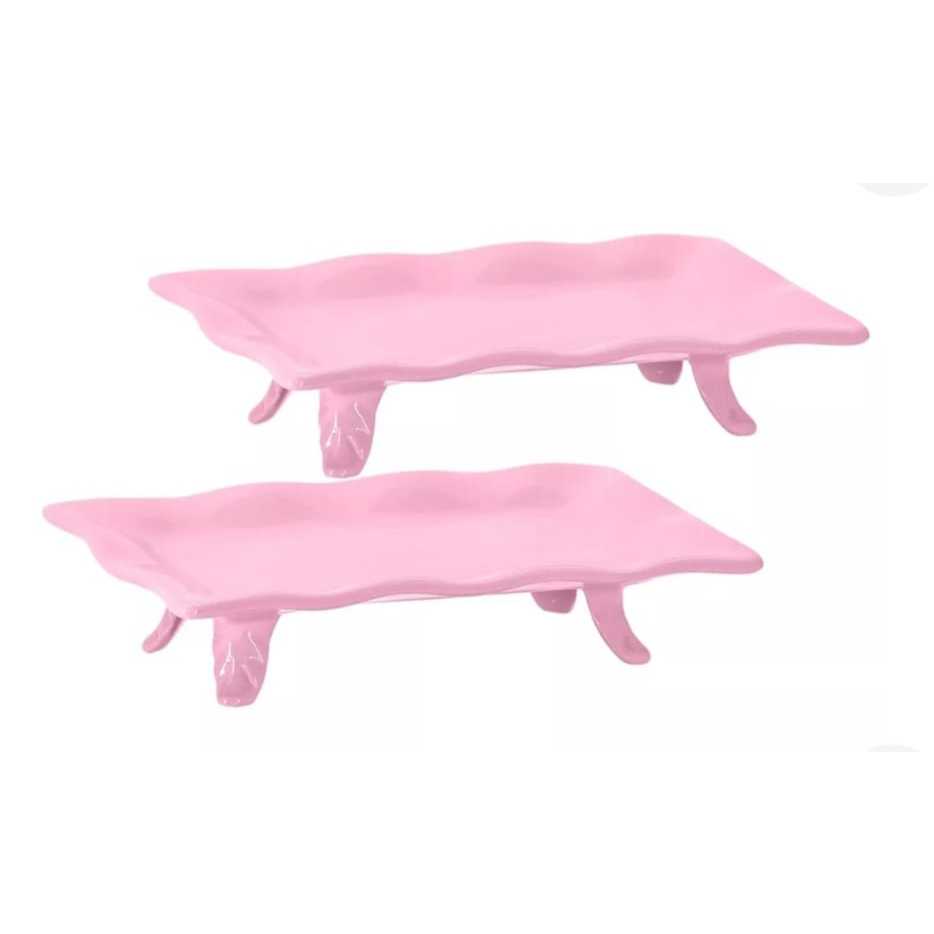 2 BANDEJA FRISADA CERAMICA PARA FESTA DOCES DECORAÇÕES LUXO COM PÉ