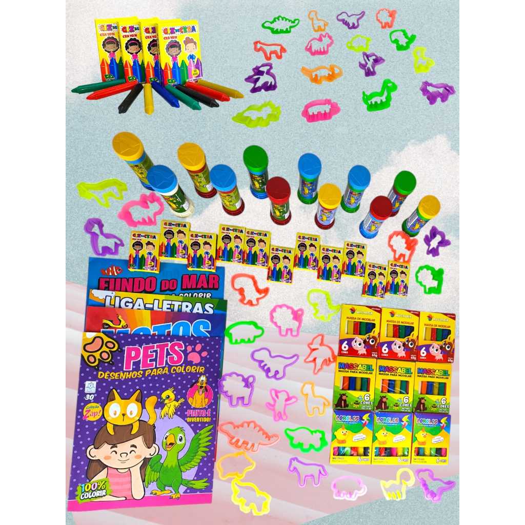15 Bolha Sabão + Giz de Cera + Revistinha Colorir + Massinha Modelar + 60 Cortador Molde Lembracinha em Oferta na Shopee