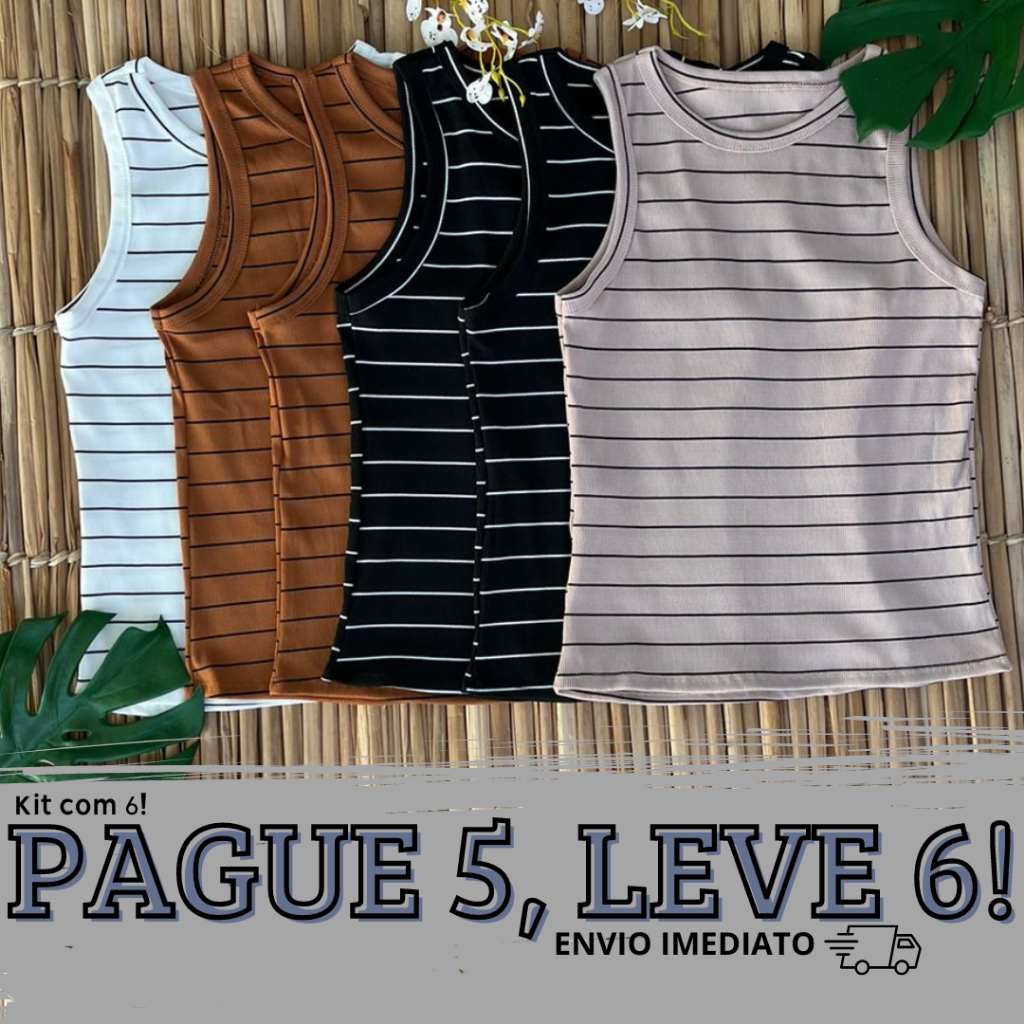 Kit 6 Regata Feminina Canelada Listrada Blusa Casual Camiseta Básica Tendência Moda Gringa
