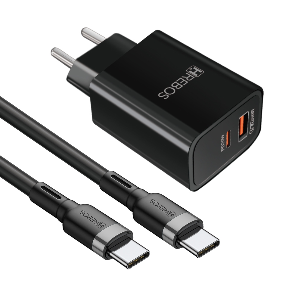Carregador Turbo Hrebos Dual PD/QC USB-C 20W + USB 18W Anatel + Cabo Tipo C em Oferta na Shopee