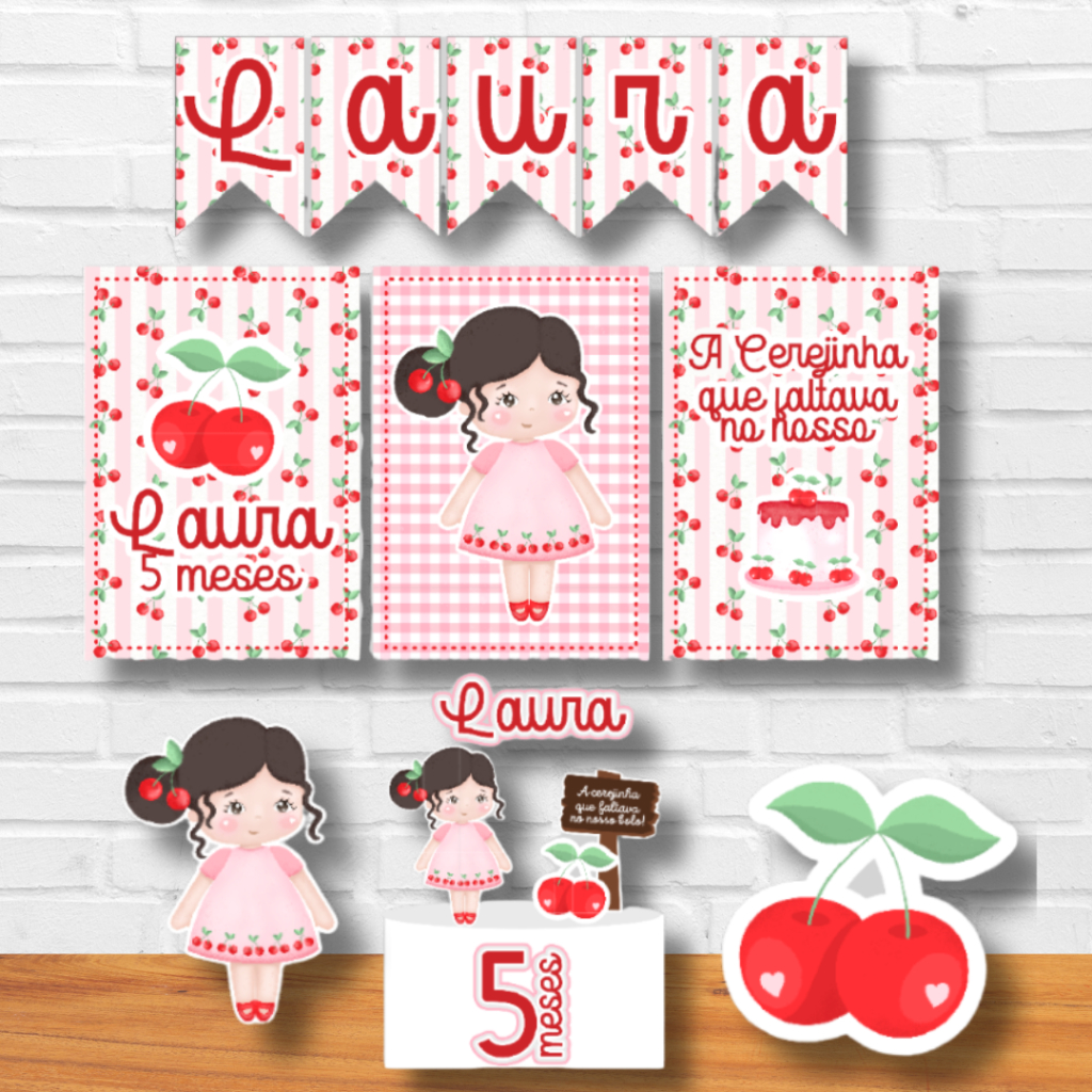 Kit Festa Cerejinha Personalizado Só um Bolinho | Mesversário Aniversário | 15 Iten