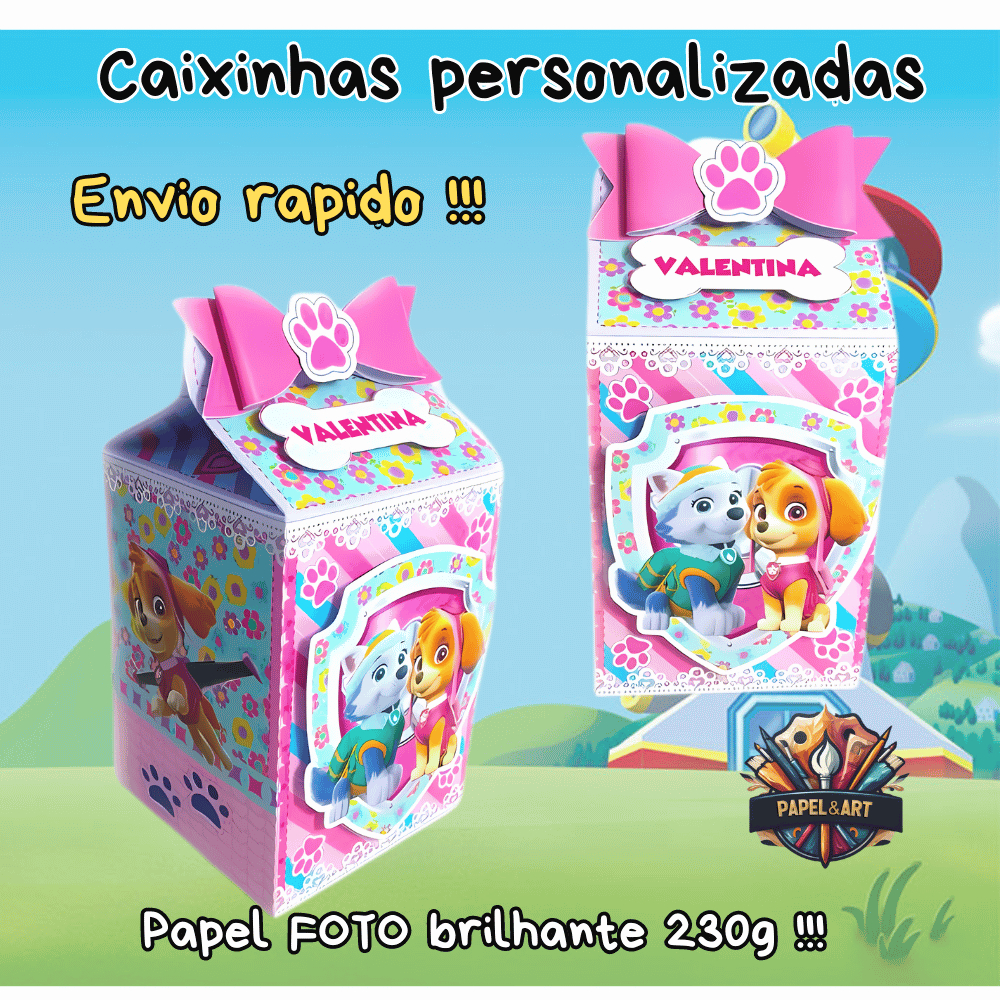 KIT 10UN 3D Caixinha Milk, Piramide, Bala   Papel foto 230g caixa  patrulha canina rosa skye Everest