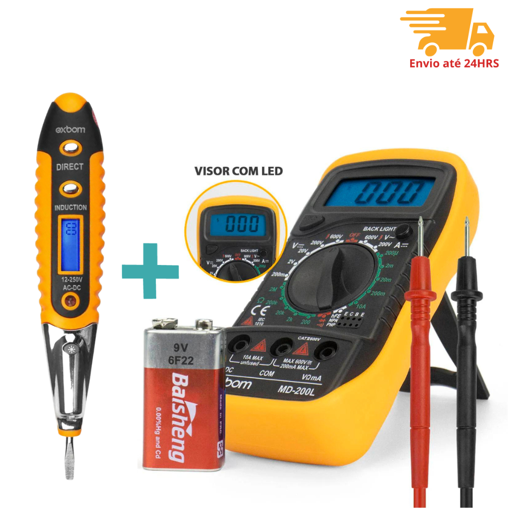 Kit 2 em 1 Chave de Teste de Corrente + Multímetro Profissional digital 3 dígitos painel Iluminado em Oferta na Shopee