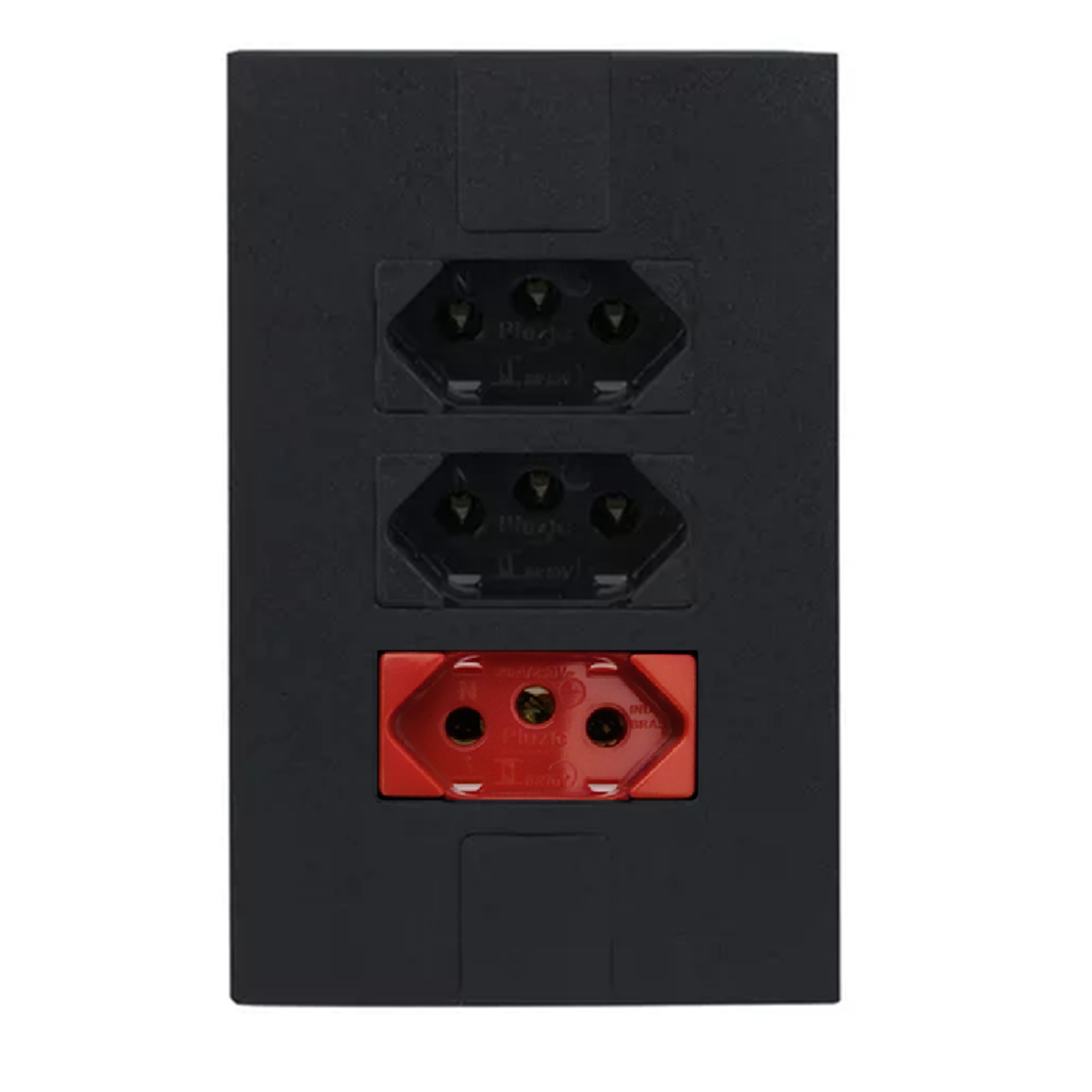 Tomada Tripla - 1 Vermelha 20a + 2 Tomada Preta  20a Preto Fosco Pluzie em Oferta na Shopee