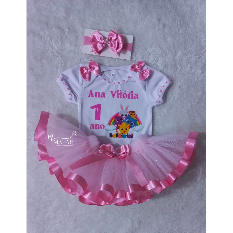 Fantasia Bolofofos Adulto e Infantil tamanho 6,8,10 e 12 anos Camiseta Personalizada Saia de Tutu e Laço de Cabelo