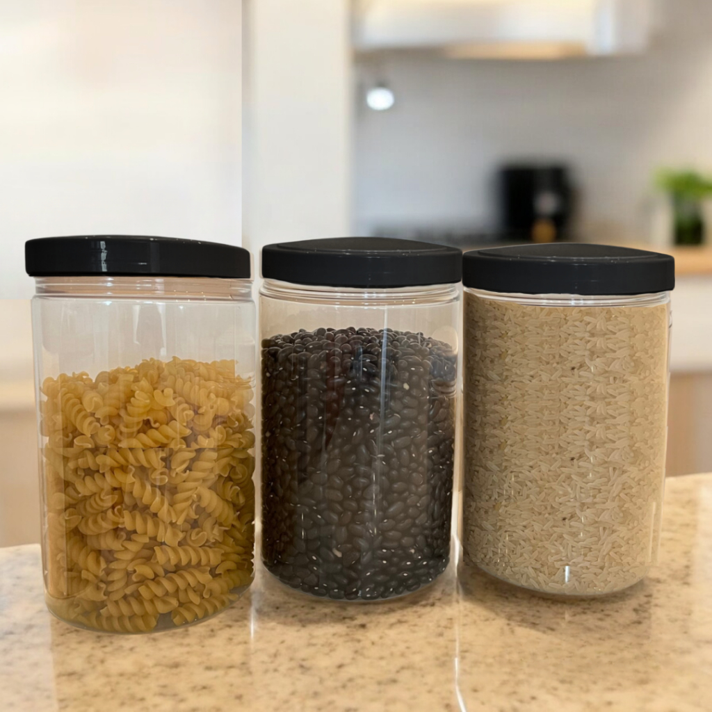 Kit 3x Pote 1500ml para Despensa Plástico Organizador Cozinha Transparente com Tampa de Rosca Preta