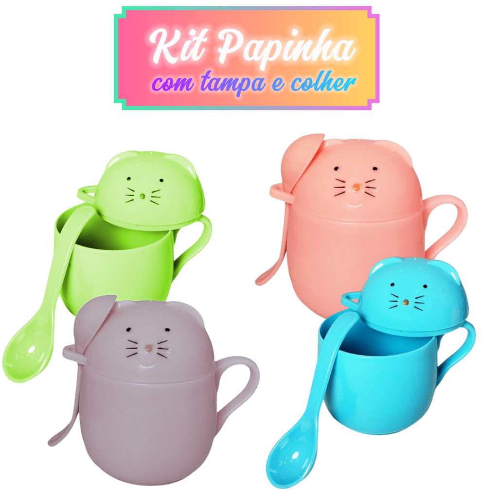 Kit Papinha Infantil Copo de Gatinho com Tampa e Colher 200ml Plástico Livre de BPA Atóxico