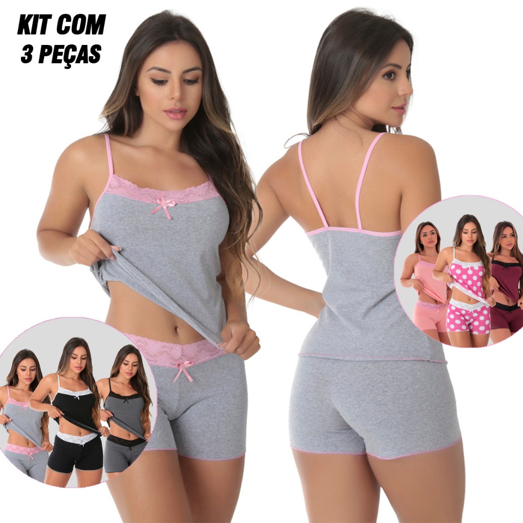 KIT 3 Baby Doll Algodão Pijama Feminino Mali  Kit Pijamas