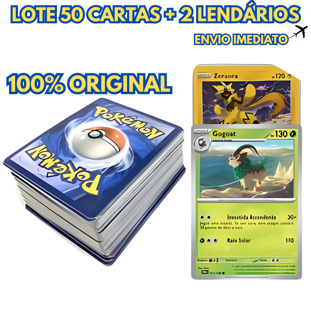 Cartas Pokémon 50 Cartas Originais + 2 Pokémon Lendários em Oferta na Shopee