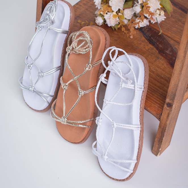 Sandália Rasteira Papete Feminina Flatform de Amarrar branca prata dourada "Aisha" - Sandália feminina de amarrar birk modelo aisha estilo e conforto