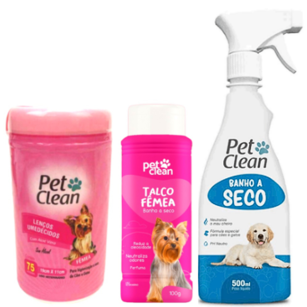 Kit Banho a Seco sem Enxágue Pet Clean 500 ml + Talco Pet Clean 100 g + Lenço Umedecido 75 unidades