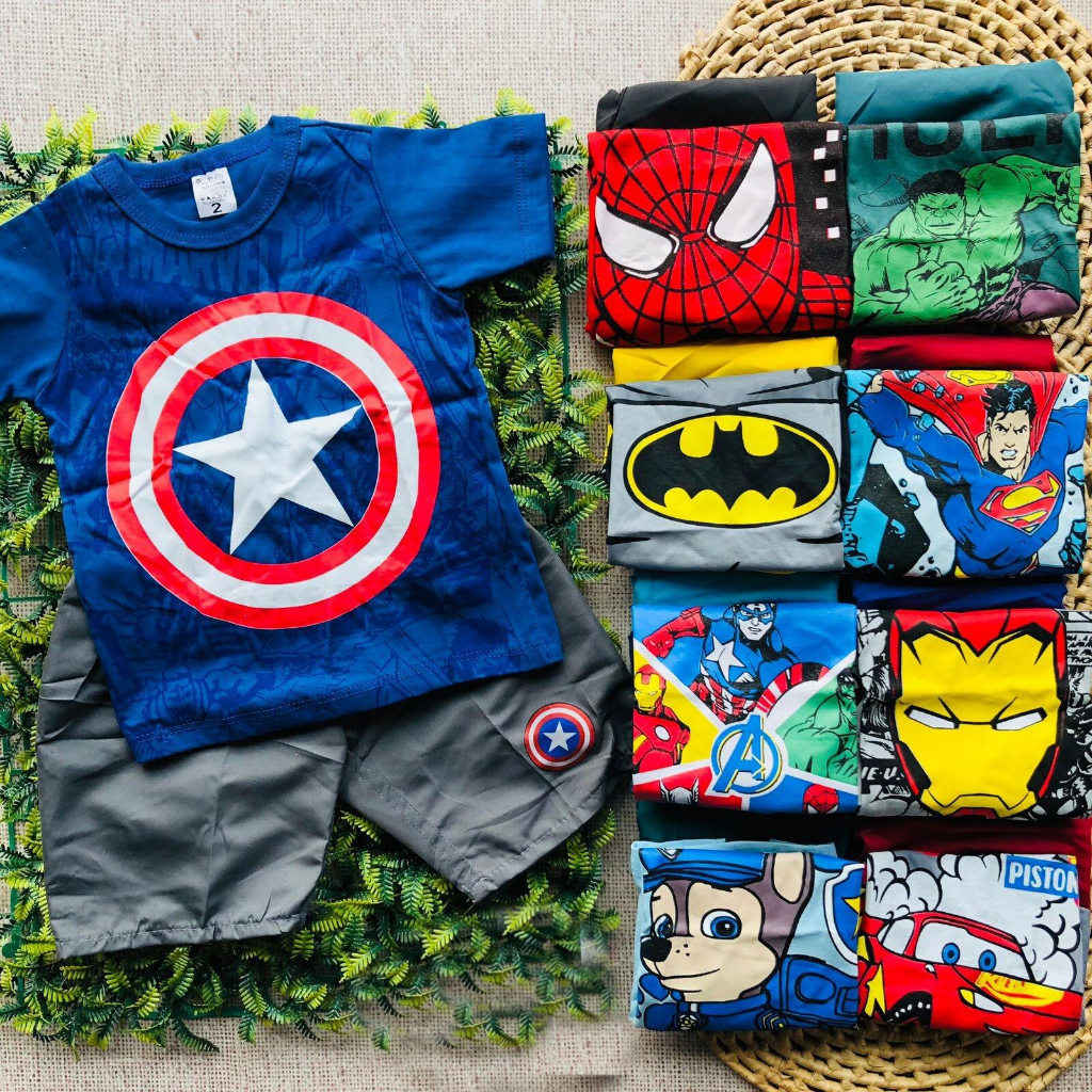 Conjunto infantil camiseta e short personagem roupa temática menino Hulk, Batman, homem aranha, super Homem, capitão em Oferta na Shopee