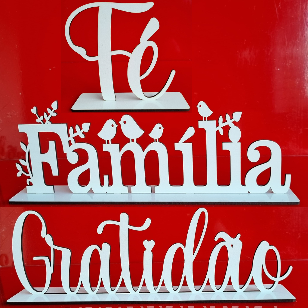 Kit C/3 Palavras de Mesa Gratidão Família Fé Em MDF Branco em Oferta na Shopee