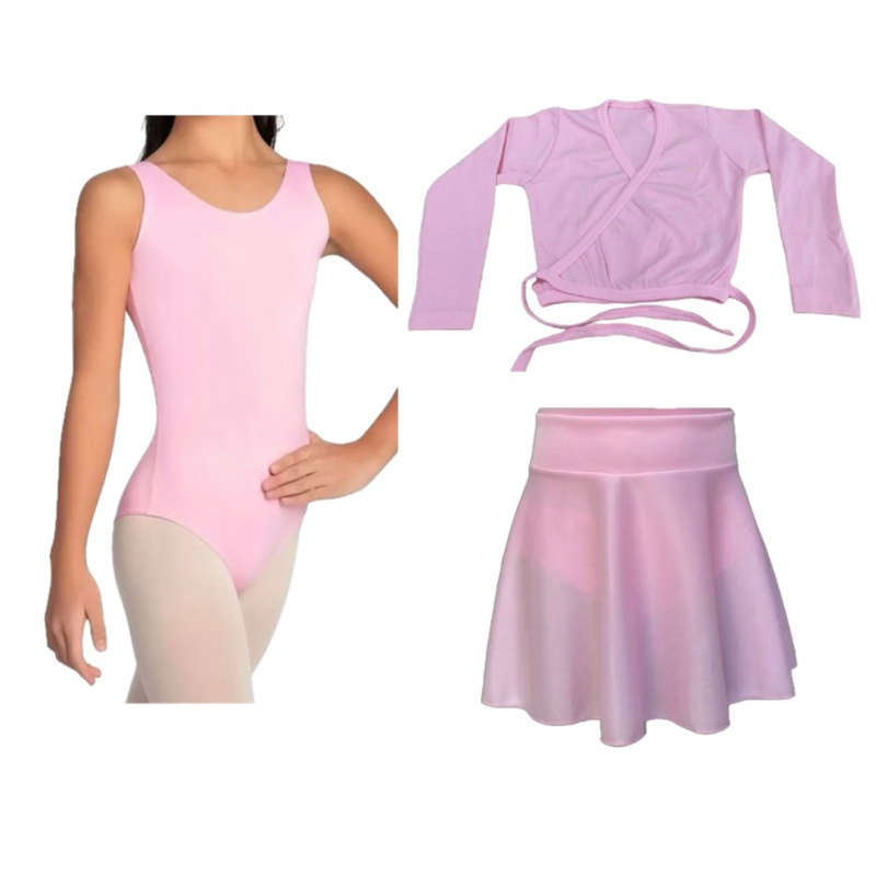 Kit 3 itens/ Collant Regata + Casaquinho transpassado + Saia cós em Oferta na Shopee