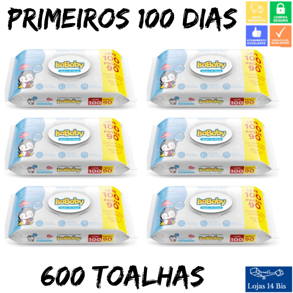 6 Toalhas Umedecidas Lenço Isababy 100 Primeiros Dias c/100 Recém Nascidos Tampa Flip Top em Oferta na Shopee