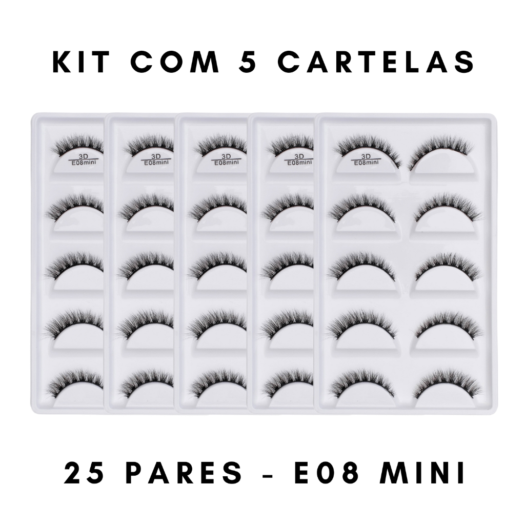 KIT COM 5 CARTELAS (25 PARES) CILIOS POSTICOS 3D E08 MINI em Oferta na Shopee