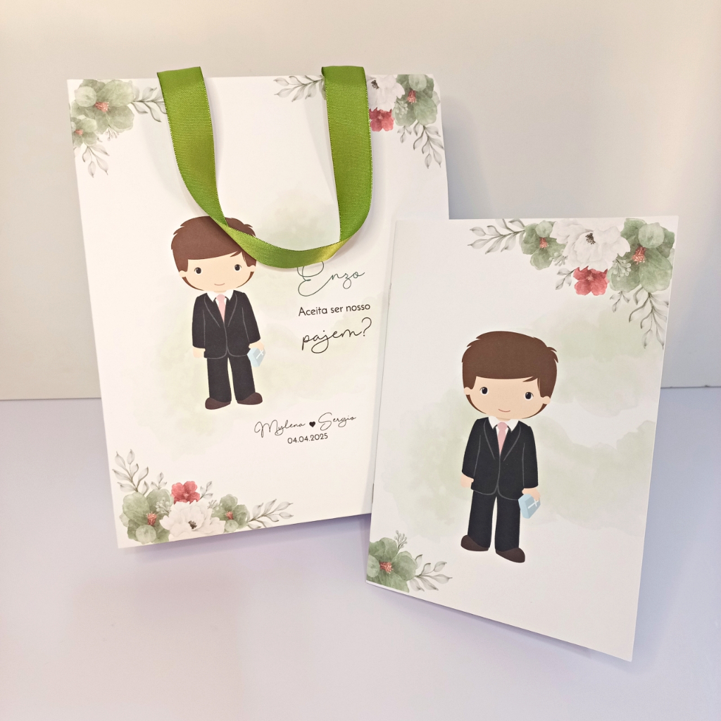 Convite Para Daminha de Casamento Pajem e  Florista Kit com Sacolinha e Revista de Colorir