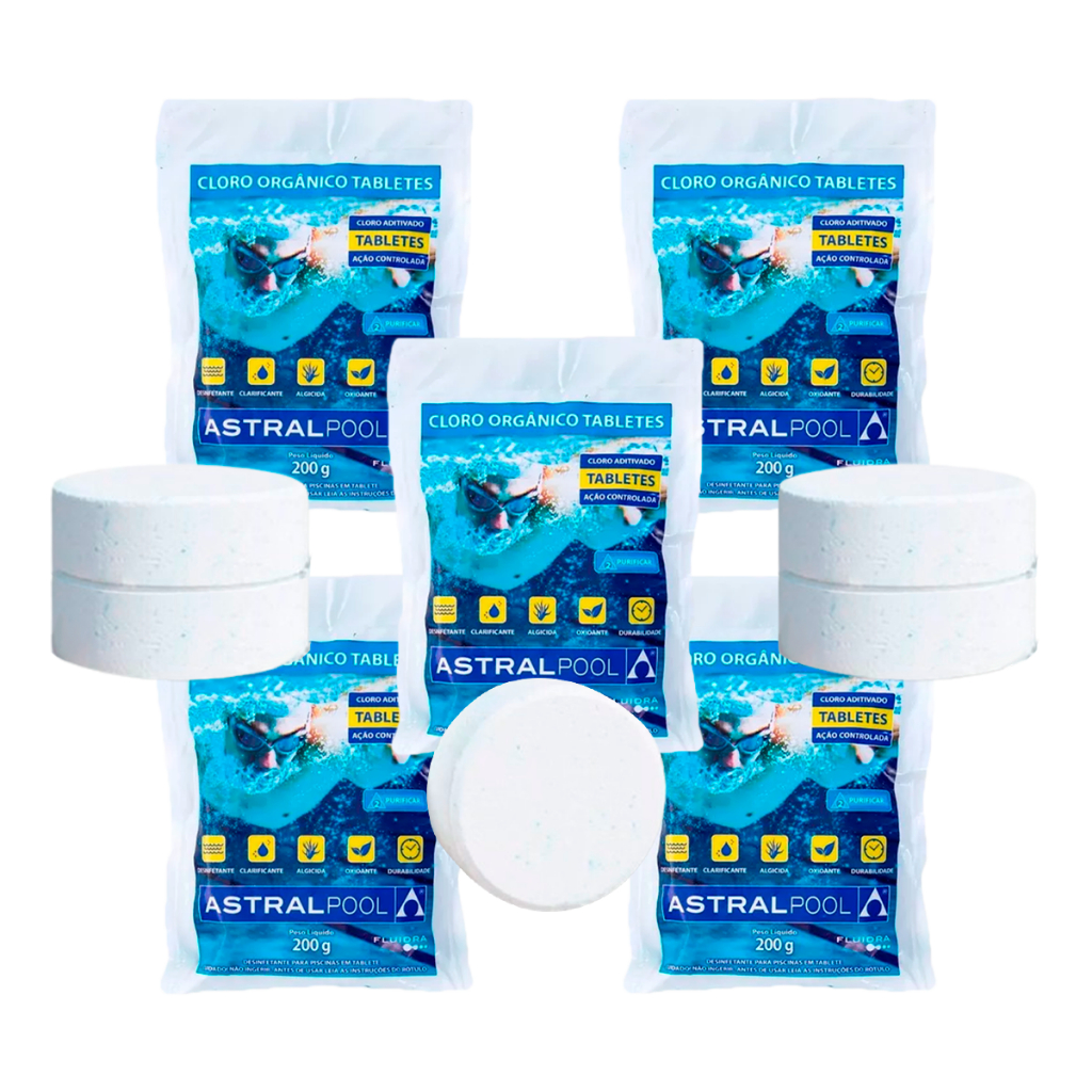 Kit 5 unidades Pastilha Tablete 200g de Cloro para Piscina com Ação 5 em 1 Astralpool  Uso em Clorador Dosador Flutuante