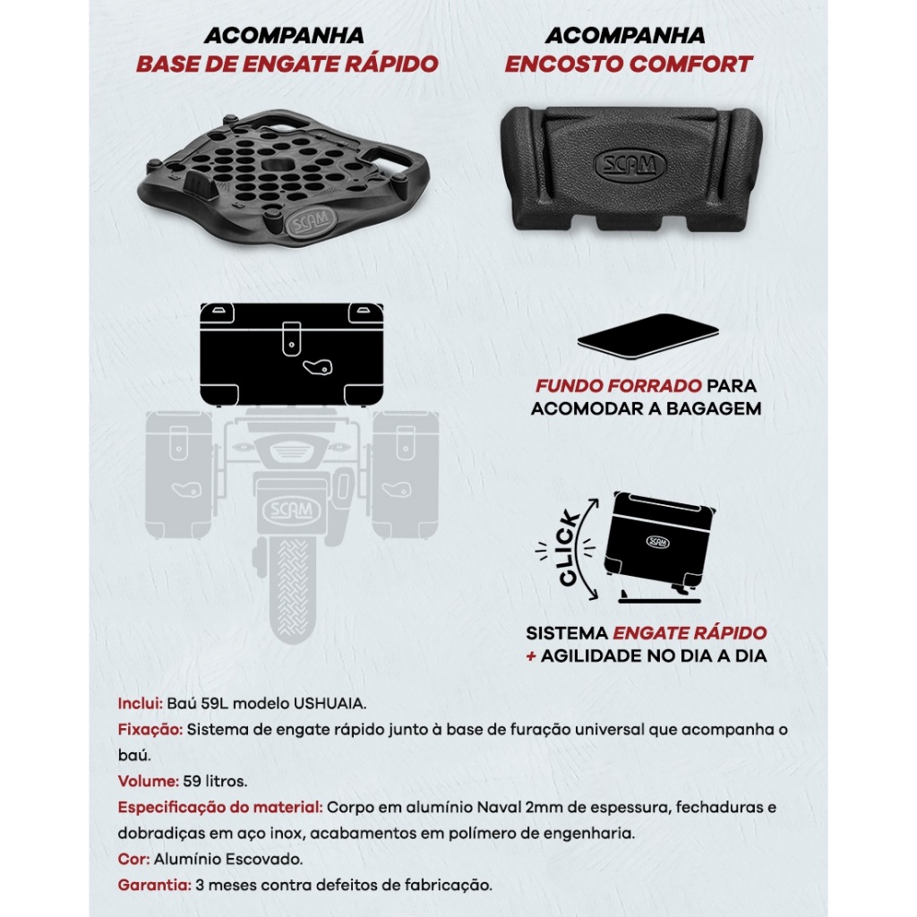 Bau Bauleto traseiro Top Case em Alumínio Escovado Scam 59 Litros · foto 2