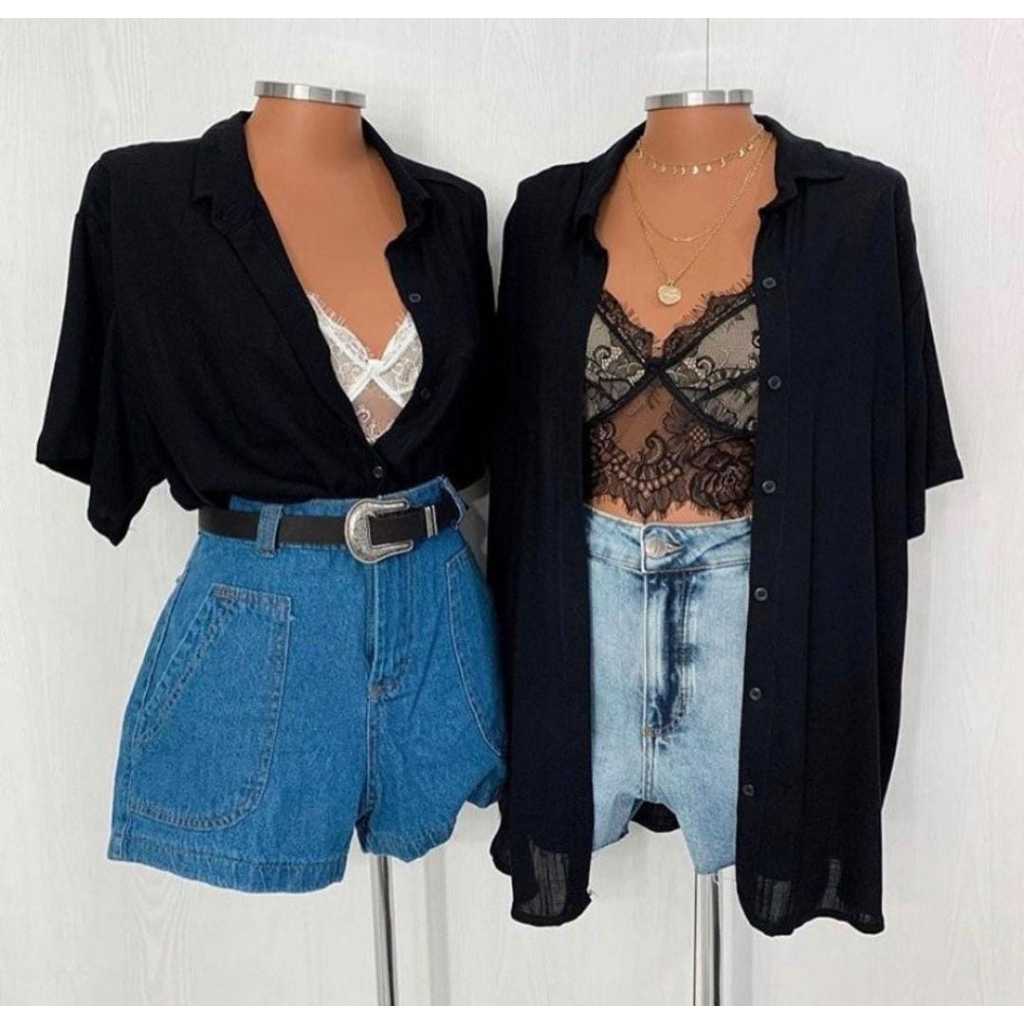 Camisa Feminina Preta Branca Classica Lisa Manga Curta com Botões Blusão Despojado Moda Verão