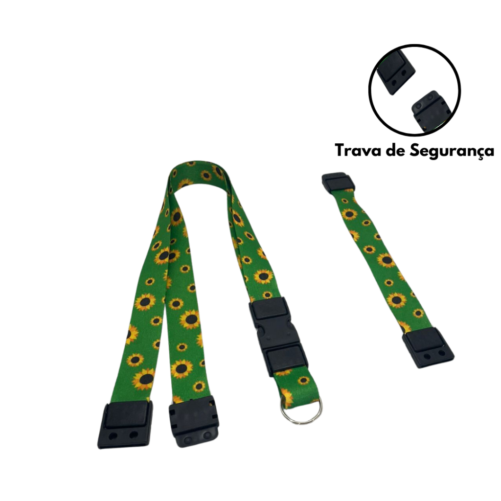 Kit Cordão Fecho Engate Rápido para Crachá Girassol + Pulseira Girassol Com trava de Segurança
