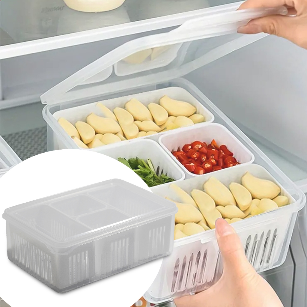 Cesto Organizador de Geladeira 2L 3L Com Divisorias Tampa Escorredor Armazenamento Vegetais Legumes