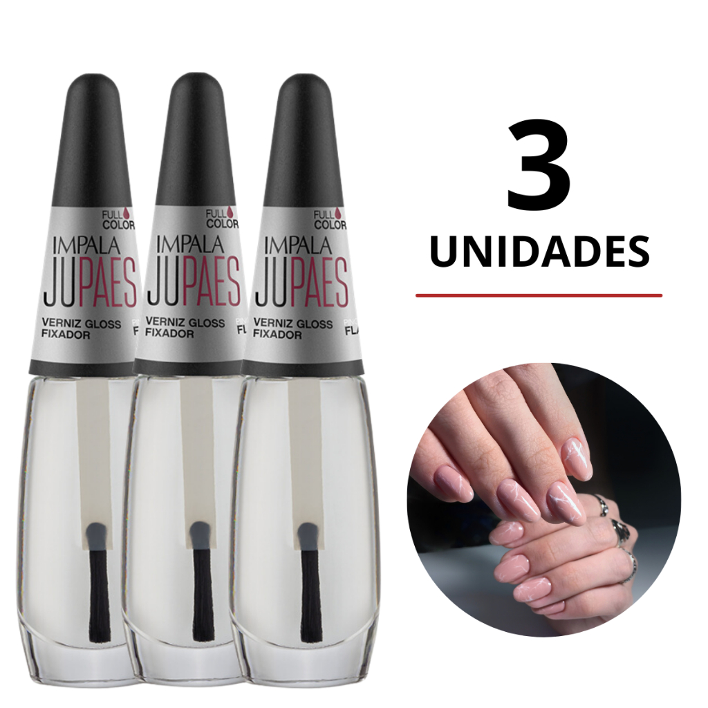 Kit 3 Esmaltes Impala Top Coat Ju Paes Verniz Gloss Fixador Mais Brilho E Durabilidade
