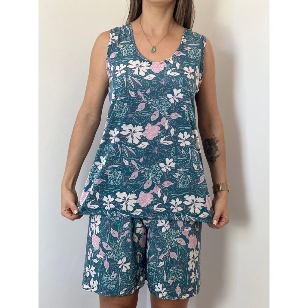 Conjunto Feminino Estampado de Malha Fria Liganete para Idosos Confortavél Fresco