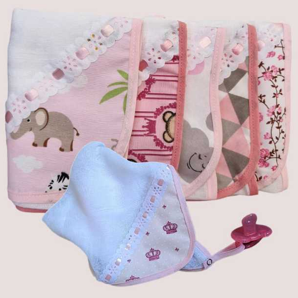 Enxoval De bebê Kit 5 Fraldinha 100% Algodão Com Prendedor Chupeta