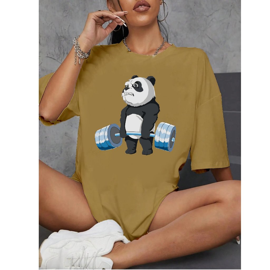 Camiseta Feminina Casual Algodão Premium Adulto, Infantil e Plus Size Panda Musculação