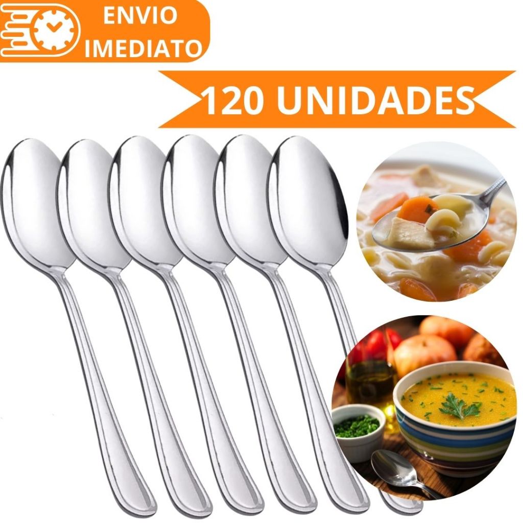 KIT 120 Unidades Colher de Mesa GRANDE Talher 100% Aço Inox Refinada Sopa Arroz Para Casa Cozinha Bar Restaurante Buffet