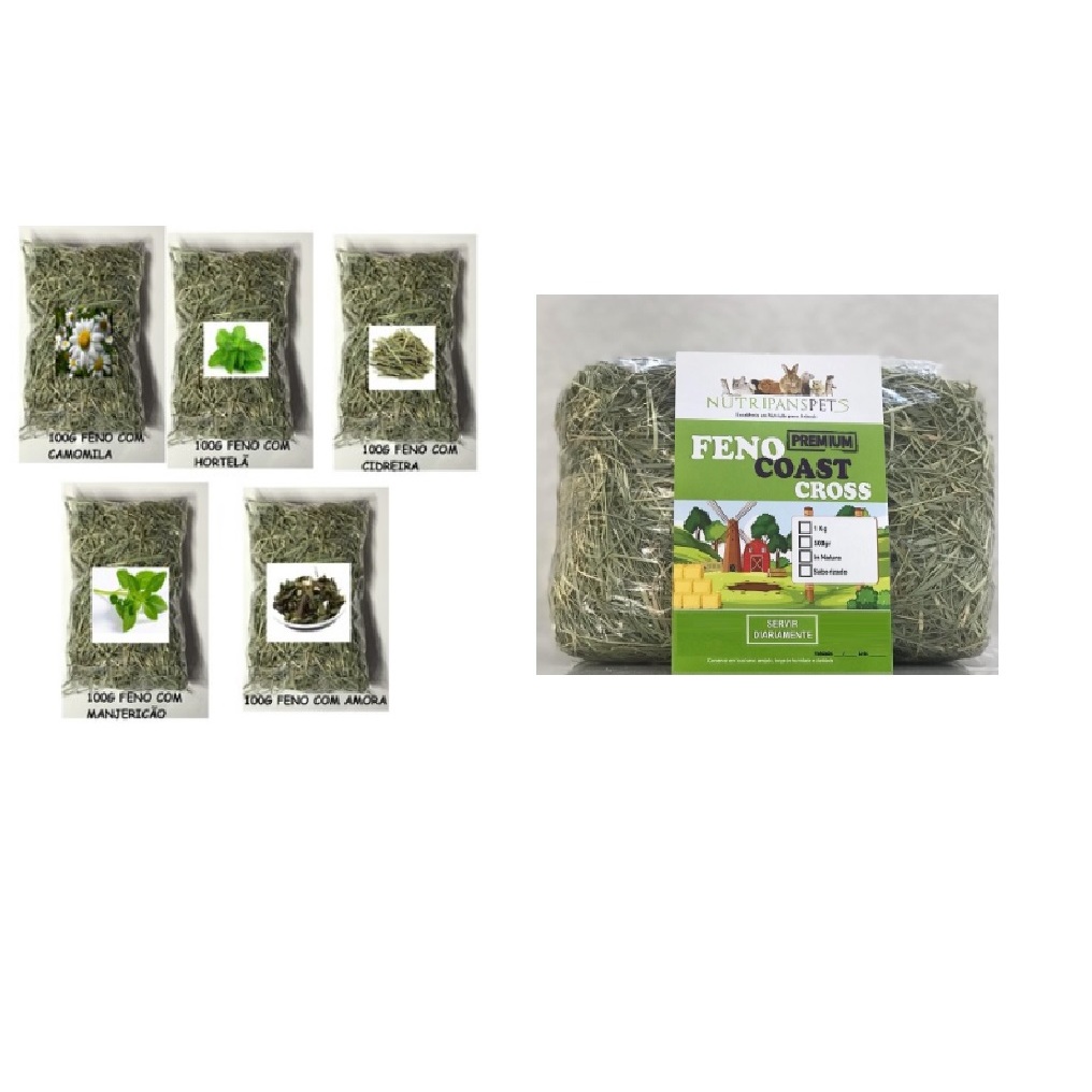 Kit Feno Coast Cross Premium 05 unid 100g (cada) Saborizados + 1kg Feno Coast Cross Premium