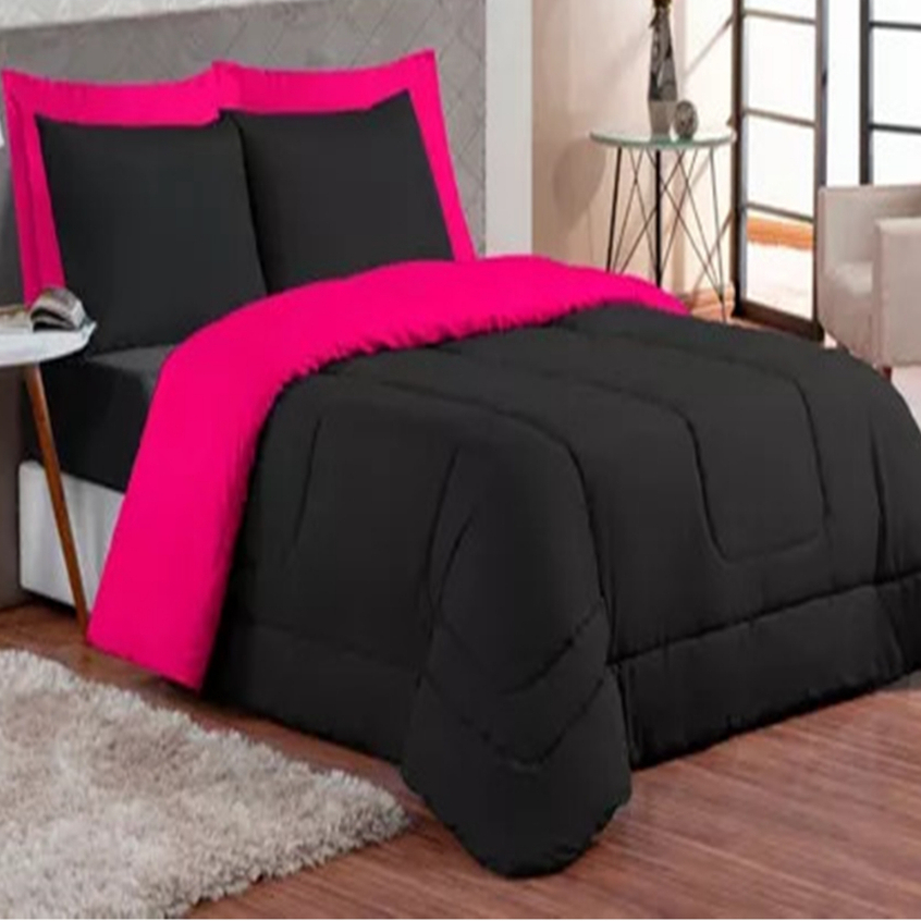 KIT CASAL QUEEN EDREDOM + JOGO DE LENÇOL COM 6 PEÇAS DUPLA FACE PROMOÇÃO – ( preto / pink )