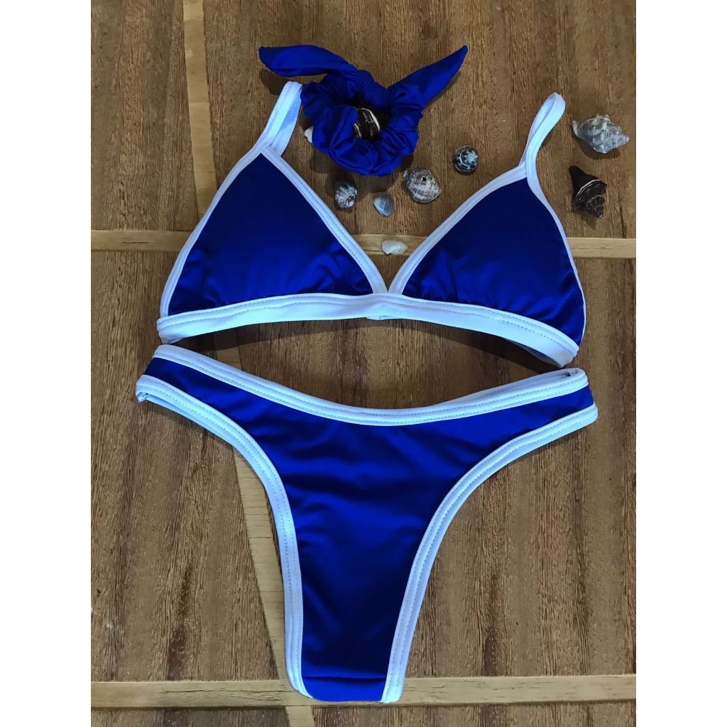 Biquíni fixo com calcinha semi fio - regulagem nas alças - azul royal com branco