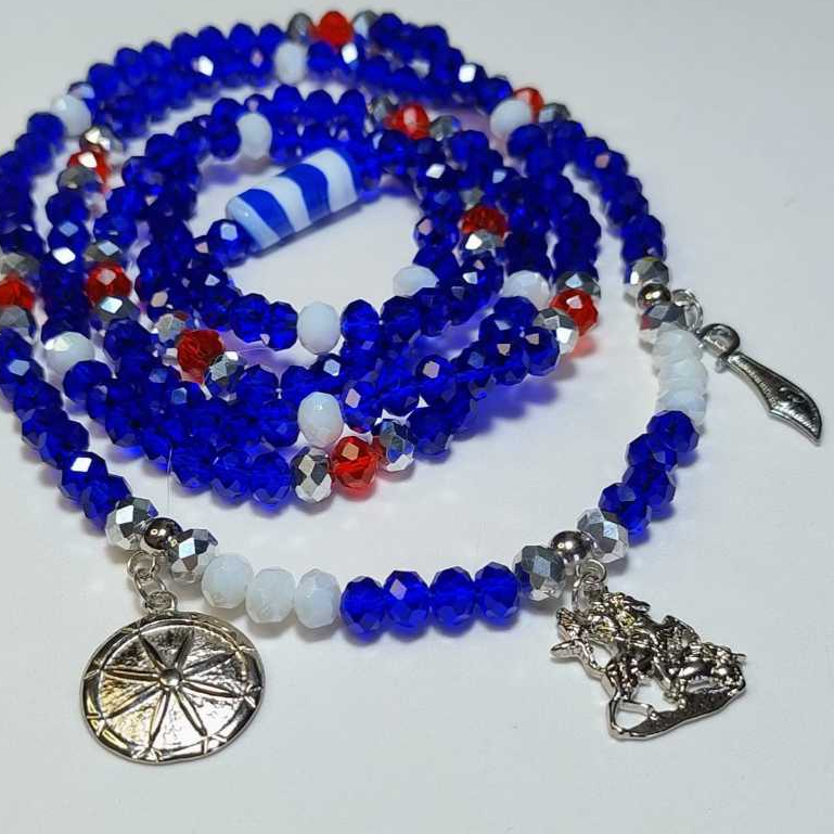 Guia Fio de Conta Orixá Ogum Ogun 3 Pingentes Cristal 8MM Azul Marinho, Vermelho e Branco Umbanda Candomblé em Oferta na Shopee