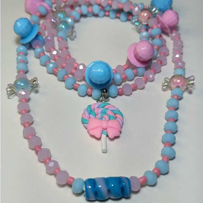 Guia Fio de Conta Proteção Erê Ibeji Cristal 8MM Rosa e Azul com Pingentes Umbanda Candomblé Colar Axé Firma de Murano