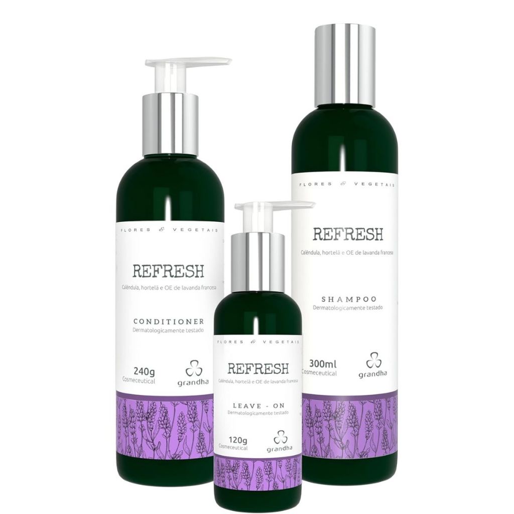 Kit Grandha Refresh: Cabelos Frágeis & Couro Cabeludo Oleoso - Shampoo, Condicionador, Leave-In e Óleo Essencial de Lavanda