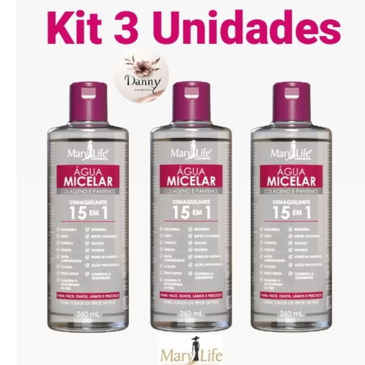 Kit 3 Unidades Água Micelar Colágeno e Pantenol 15 Benefícios Cuidado do Rosto 260 ml - Mary Life