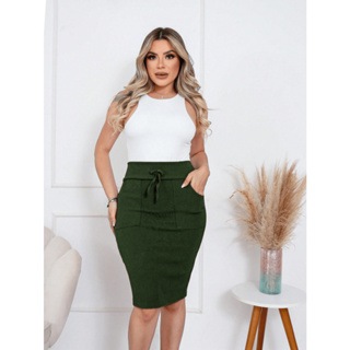 MONNEI  Saia Lápis Evangélica com Bolsos Laterais cintura com cordão em Oferta na Shopee