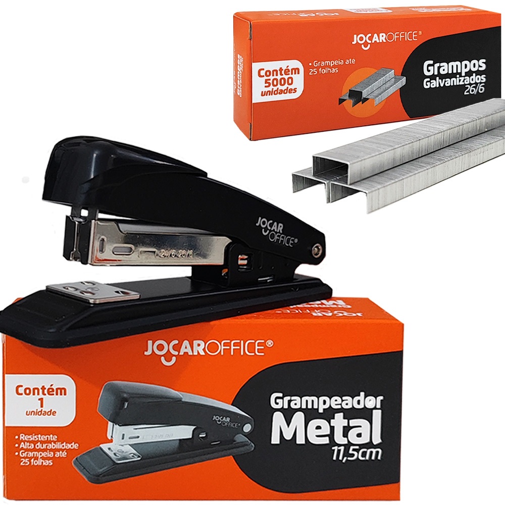 Kit Grampeador Metal 11.5cm Aço Resistente Preto + 5.000 Grampos 26/6 Galvanizados Escritório Escola em Oferta na Shopee