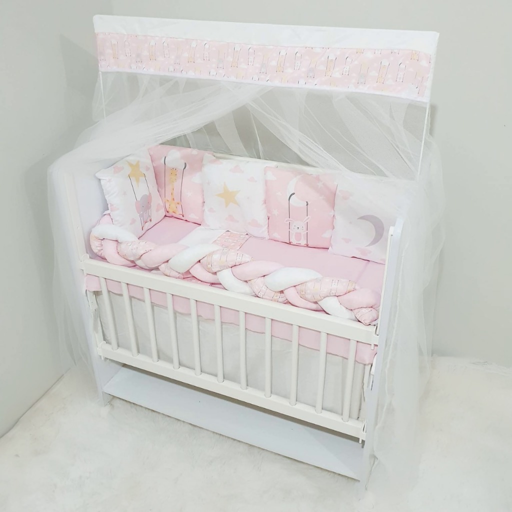 Kit Mini Berço com 12 peças + Saia de Berço Bebê Menina Amigas Balanço