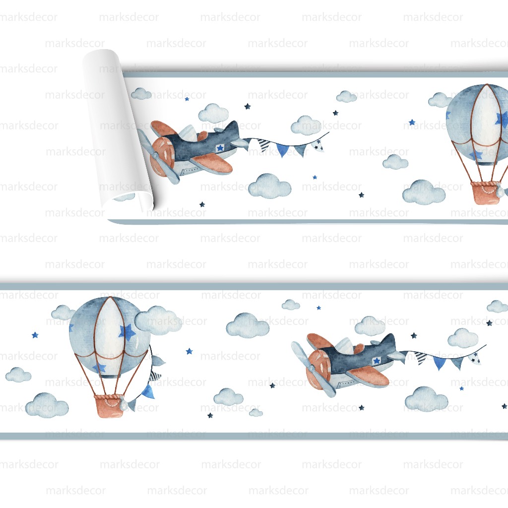 Faixa Adesivo de Parede Infantil Balão e Avião Papel De Parede Infantil Decoração Para Quarto Menino