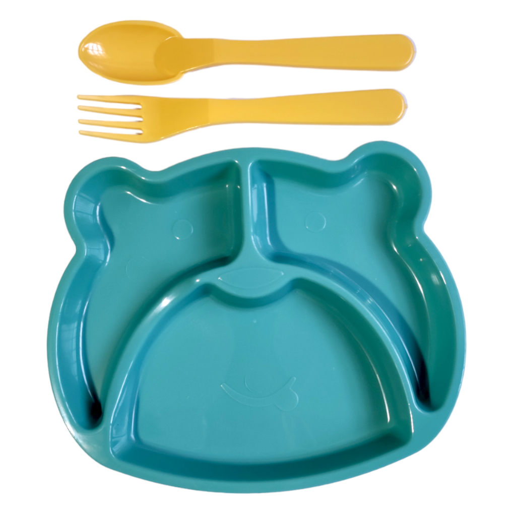 Conjunto de Alimentação Infantil c/ 3 Peças: Pratinho c/ Divisórias, Garfo e Colher Plástico Refeição Bebês e Crianças